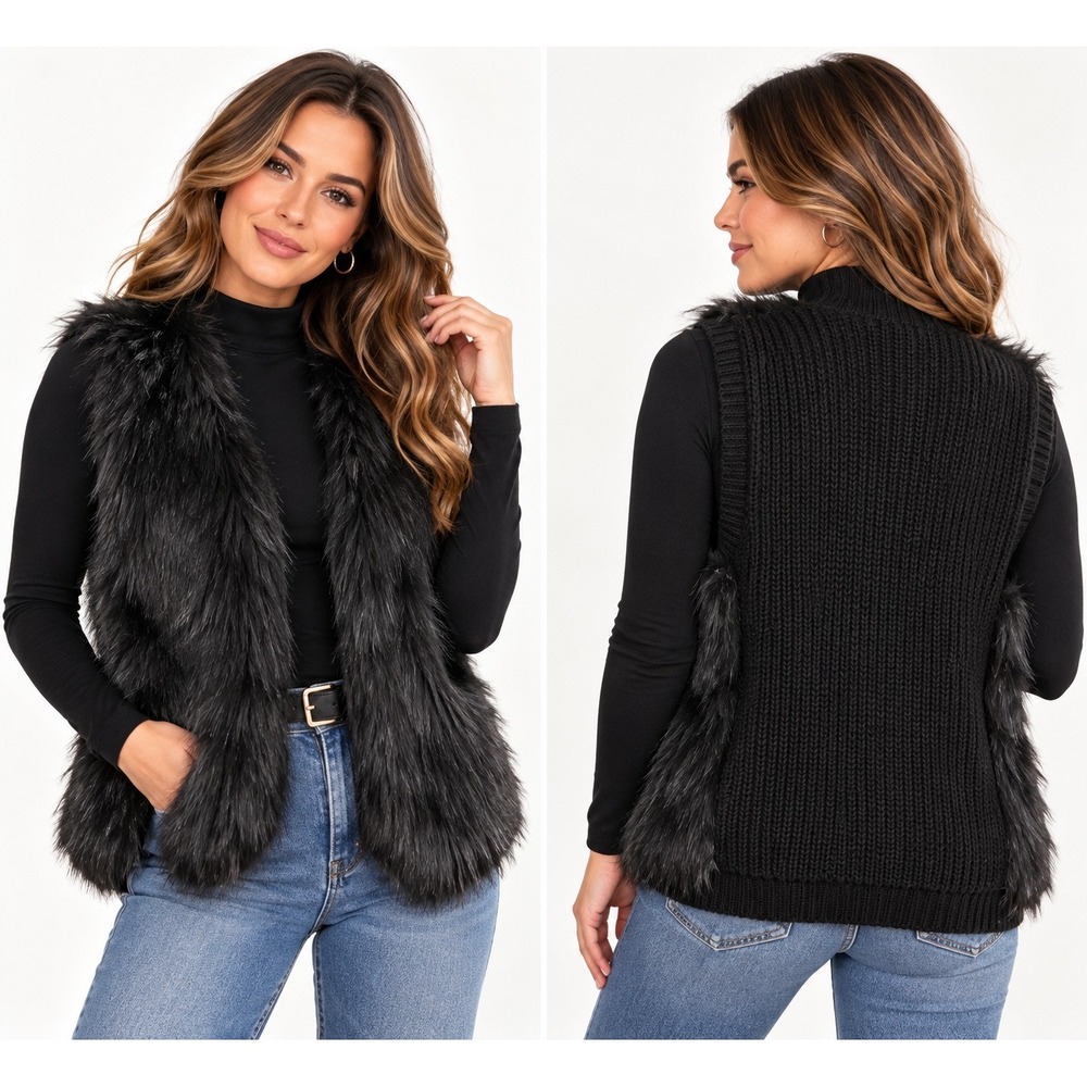 Topshop Faux Fur Vest Black Knit Back Open Front Edgy Glam Boho Y2K Layering M